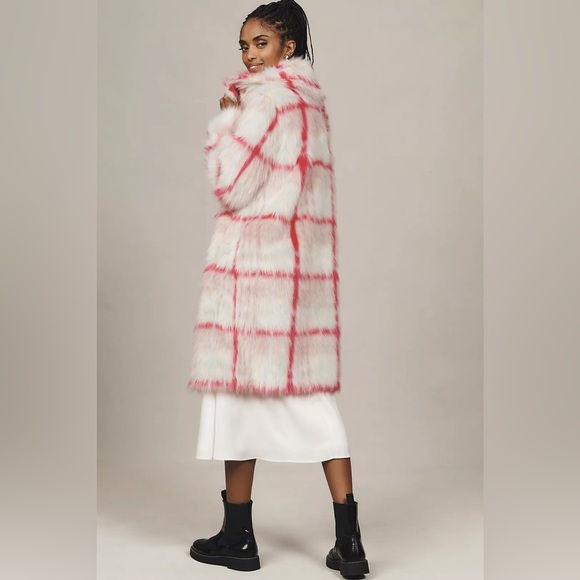 NVLT Anthropologie Tartan Plaid Faux Fur Coat - Pink and White - Picture 14 of 15